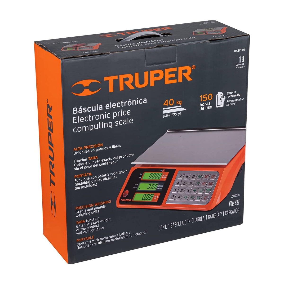 Truper BASE-40 Báscula electrónica multifunciones capacidad 40 kg, color, pack of/paquete de 1