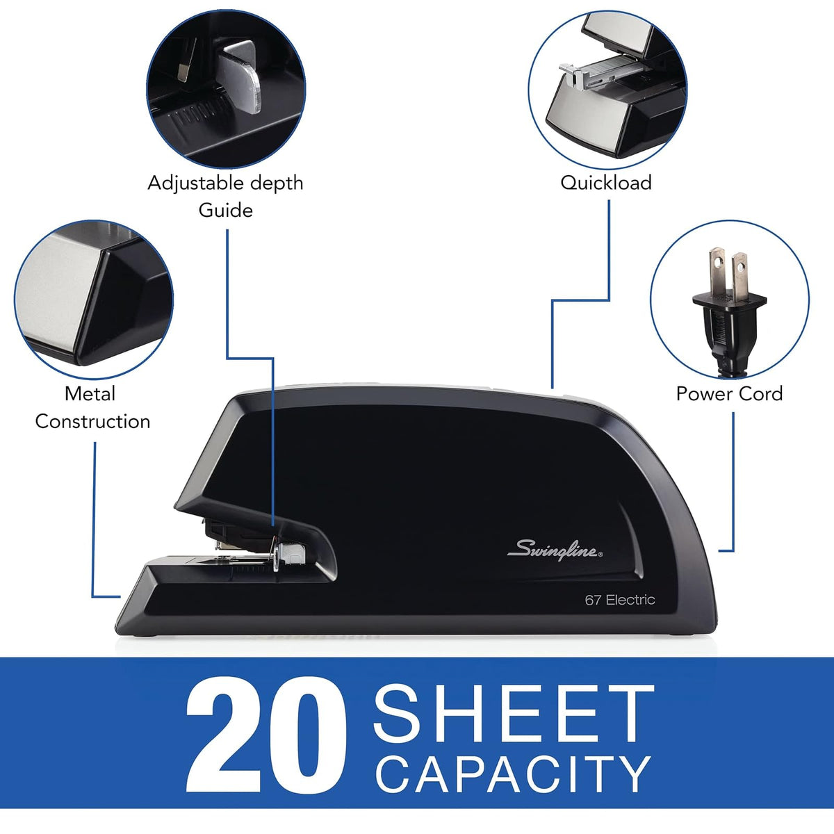 Swingline 06701 Grapadora eléctrica comercial resistente, capacidad de 20 hojas, metal, negro