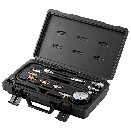 VEVOR Kit adaptador de probador de compresión, 9 piezas de prueba de compresión de fugas de cilindro de motor automotriz, medidor de presión preciso de doble escala 0-300 psi, con mangueras de largo