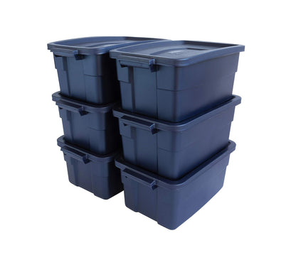 Rubbermaid Roughneck - Bolsa de 3 galones, paquete de 6, fabricado en Estados Unidos, metal índigo oscuro, contenedores de almacenamiento apilables de plástico resistente con tapas y asas