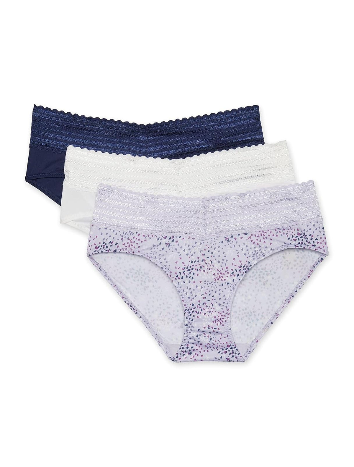 Warner's Ropa Interior Hipster Mujer Paquete de 3 - G - Tinta azul marino - blanco - estampado de pétalos lila.