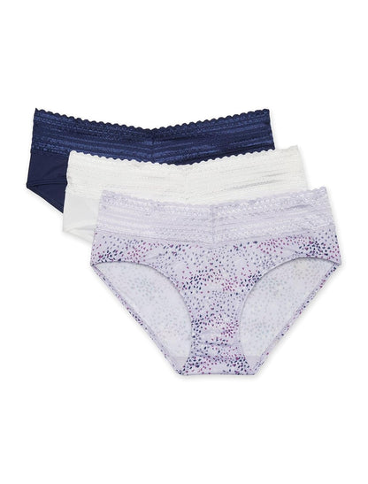 Warner's Ropa Interior Hipster Mujer Paquete de 3 - G - Tinta azul marino - blanco - estampado de pétalos lila.