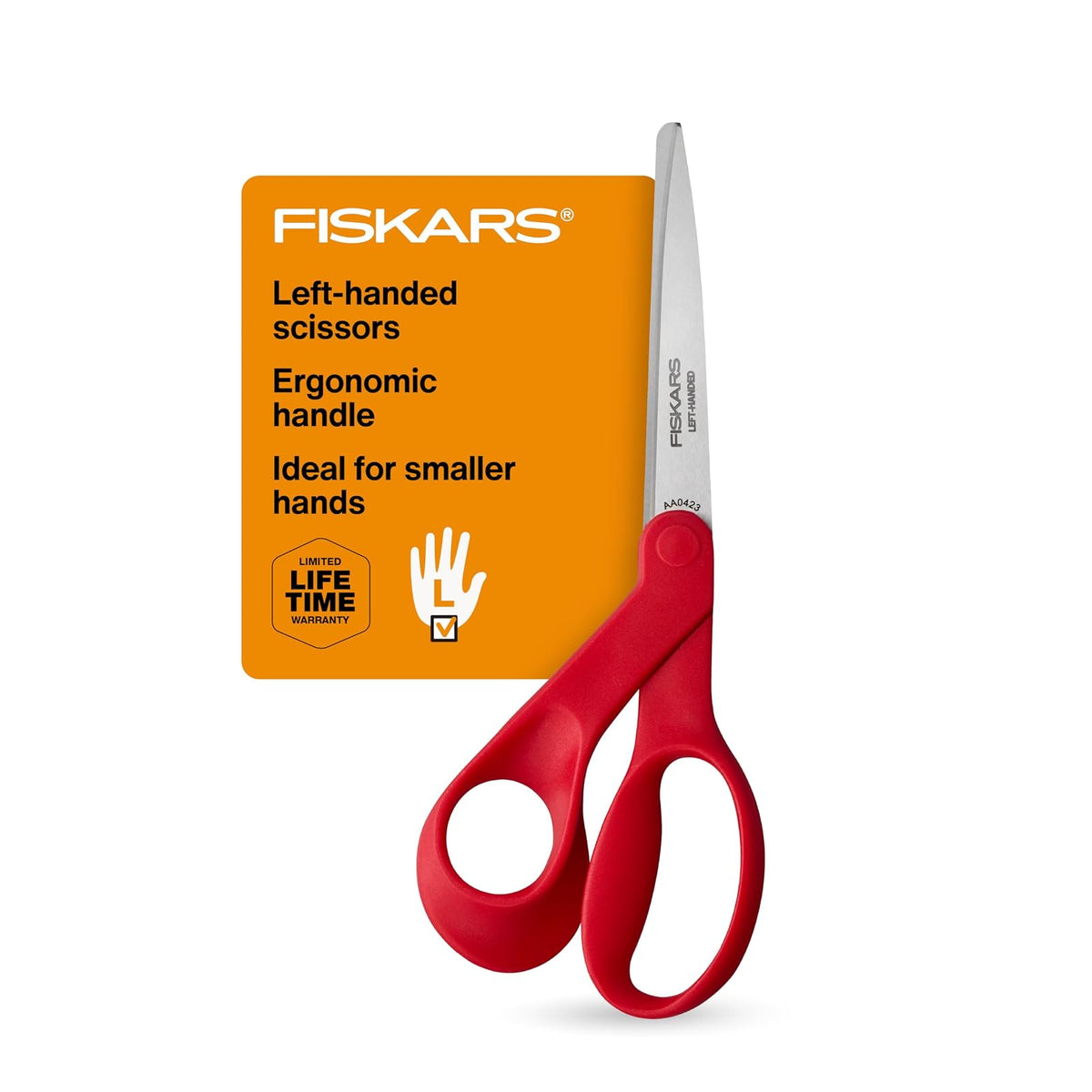 Fiskars - Tijeras pequeñas para zurdos, manualidades y costura de acero inoxidable para manos más pequeñas, mango ergonómico, suministros de papel y tela para oficina, artes y manualidades, color rojo