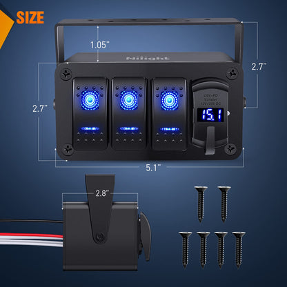 Nilight Caja de 3 Interruptores Basculantes SPST 12 V con USB Tipo C, QC 3.0 y Voltímetro, Impermeable, para Barco y Auto