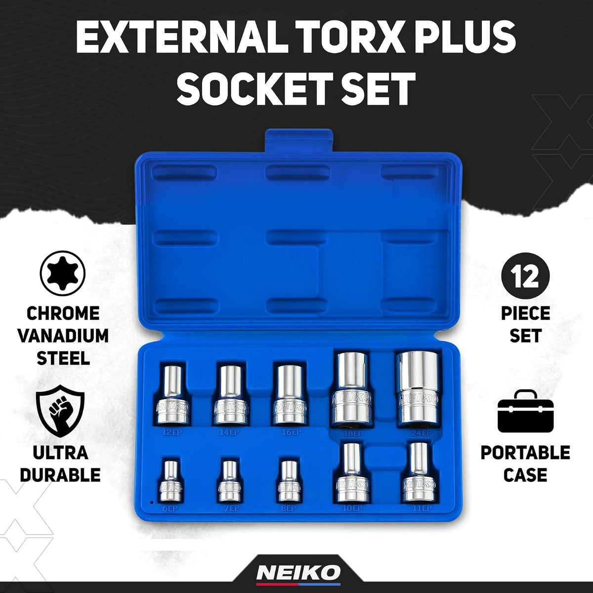 Neiko 02473A - Juego de enchufes Torx Plus externos, 10 piezas, EP6 de 1/4 pulgadas, EP8, EP10 de 3/8 pulgadas, EP16, unidad cuadrada de 1/2 pulgadas, EP18 y EP24, acero CR-V