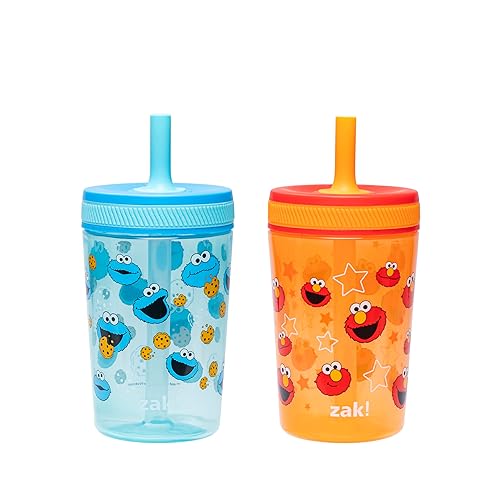 Zak Designs - Vasos para niños pequeños de Sesame Street Kelso para viajes o en casa, paquete de 2 vasos de plástico duraderos de 15 onzas con diseño a prueba de fugas, perfectos para niños (Elmo y