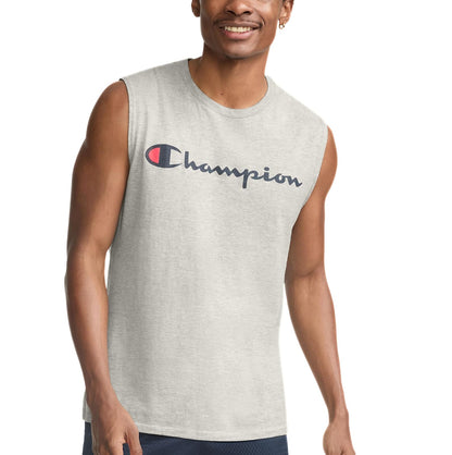 Champion Camiseta sin Mangas Corte Estándar para Hombre - Oxford Gray - Logotipo clásico de escritura - XL