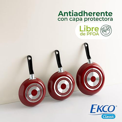 Ekco | Juego de Sartenes Classic 3 Piezas de Aluminio Antiadherente Rojo | Antiadherente Geothermic, Libre de PFOA, Cocción uniforme, Fácil limpieza, Calentamiento rápido, Mangos de baquelita