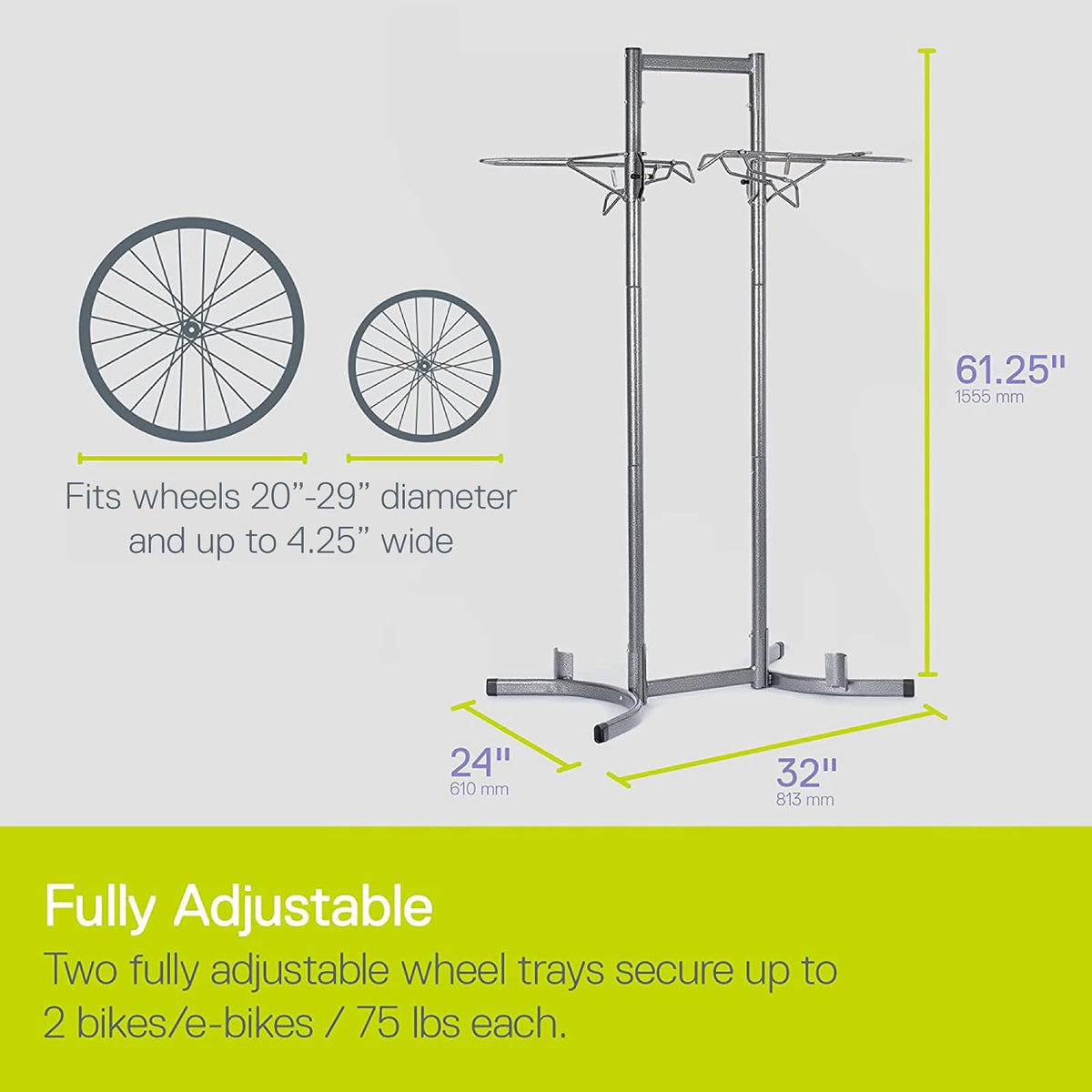 Delta Cycle - Estante vertical para 2 de alta resistencia, soporte vertical no empotrado para de hasta 150 libras, soporte ajustable sin herramientas para eléctricas,