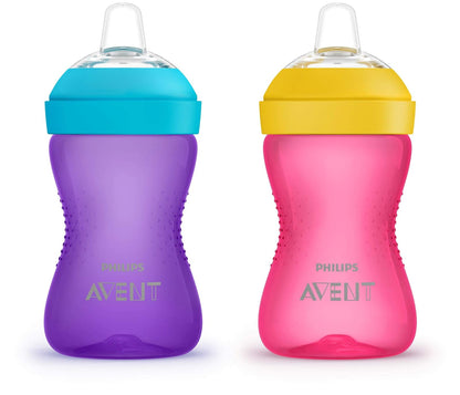 Philips Avent My Grippy Vaso con Boquilla, 285 ml, Paquete de 2 - Vaso para beber con boquilla antideslizante (10 onzas) - 10 oz - Rosado - Púrpura