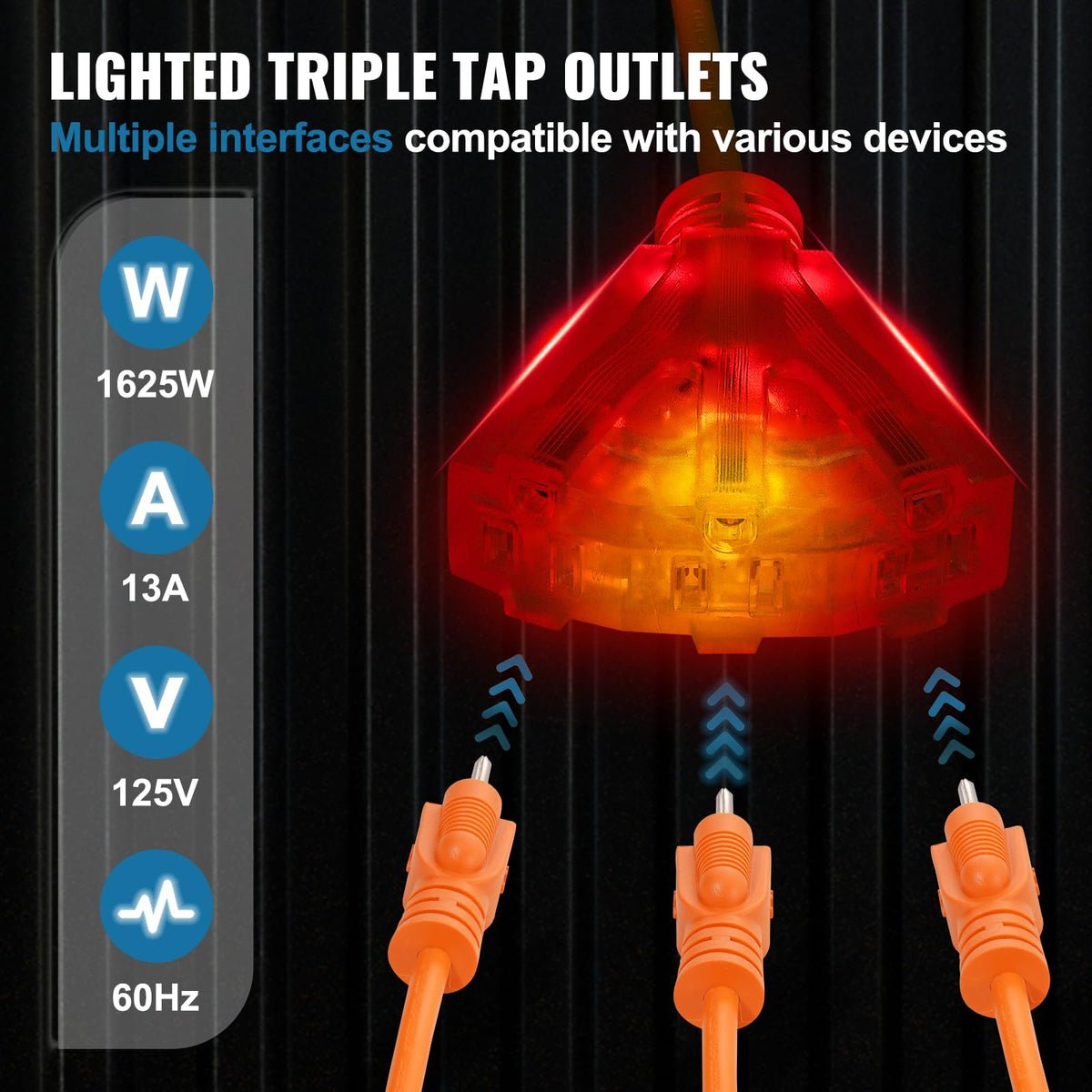 VEVOR Carrete de Cable de Extensión Retráctil, 15 m, Resistente, 14 AWG/3C SJTOW, con Toma de Corriente Triple Iluminada, Disyuntor de 13 A, Soporte Giratorio de 180° para Montaje en Techo o Pared