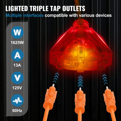 VEVOR Carrete de Cable de Extensión Retráctil, 15 m, Resistente, 14 AWG/3C SJTOW, con Toma de Corriente Triple Iluminada, Disyuntor de 13 A, Soporte Giratorio de 180° para Montaje en Techo o Pared