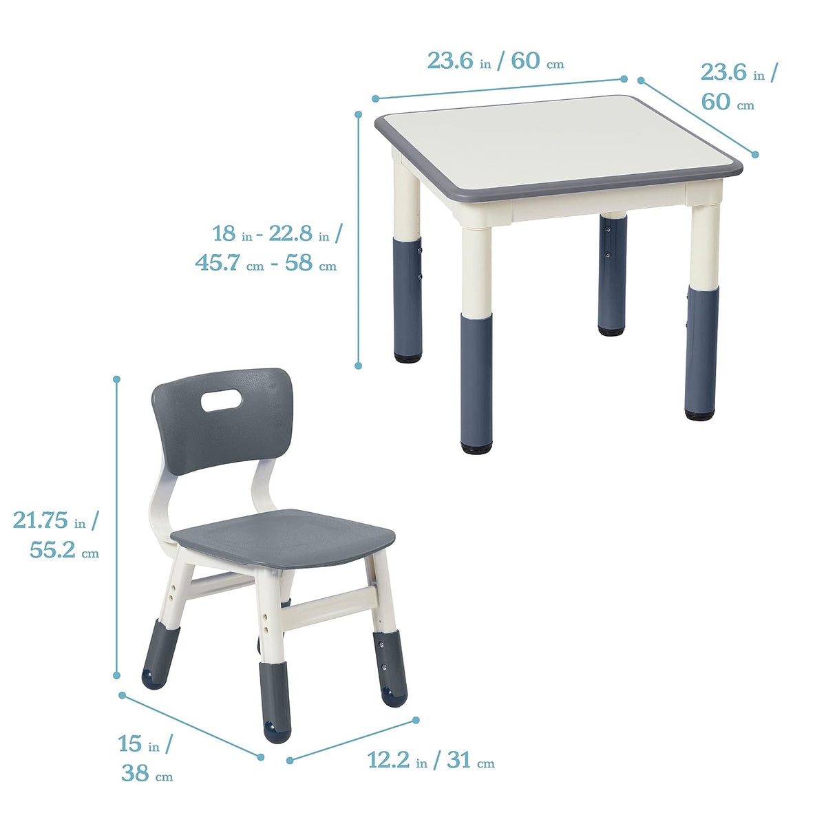 ECR4Kids Mesa de Actividades Cuadrada de borrado en seco con 2 sillas, Ajustable, Muebles para niños, Gris, 3 Piezas