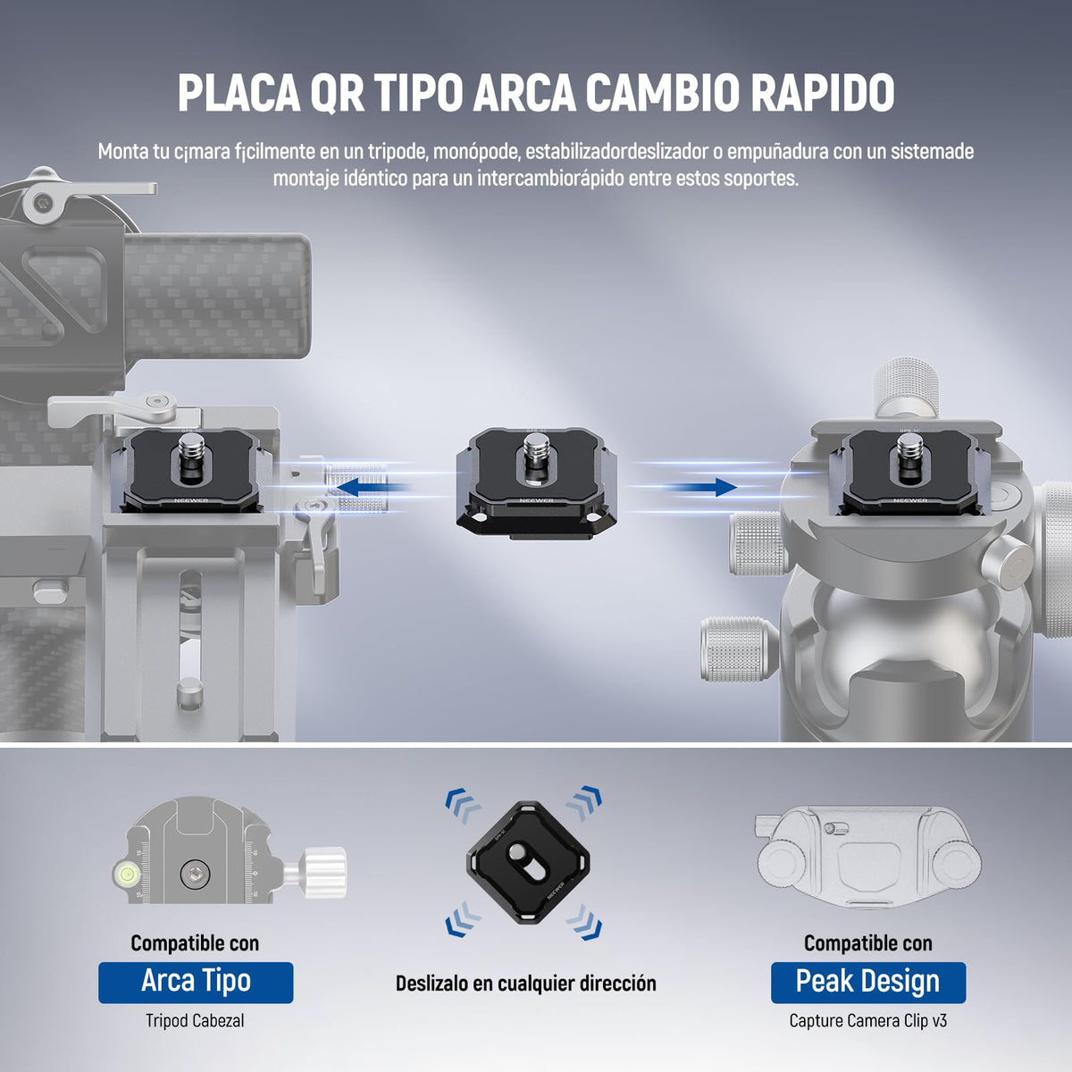 NEEWER 2 Pack Quick Release Plate Kit, 38mm QR Adaptador Montaje Cámara Compatible con Arca Swiss, Montaje Trípode con Correa Hombro, Interruptor Rápido, Anti Off con Washers, QPR-5C