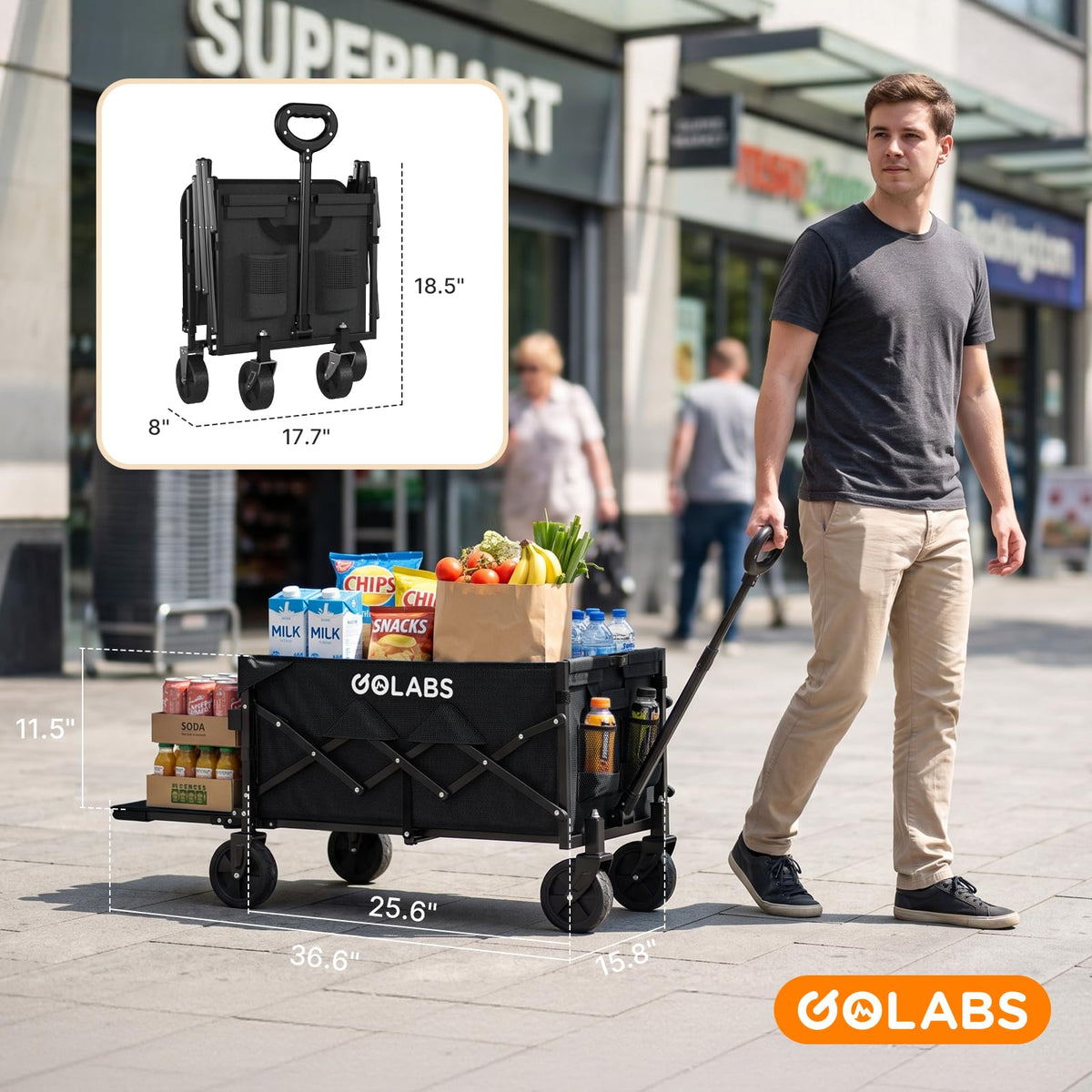 Golabs Carro Plegable de Carro de Carga máxima de 350 Libras y Almacenamiento expandible de 100 l, diseño de Doble rodamiento para dirección Flexible, Carrito de jardín Plegable Resistente con 2