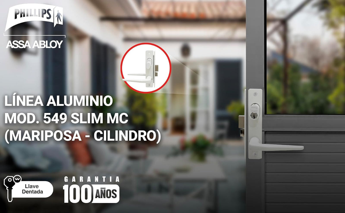 Phillips Cerradura Modelo Slim 549 Manija Delgada Para Puerta De Aluminio Blanco