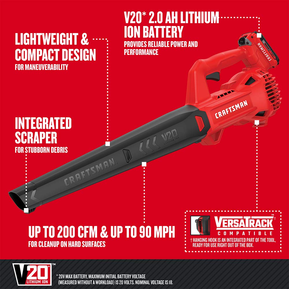 CRAFTSMAN - Soplador de Hojas inalámbrico de 20 V MAX con batería y Cargador, soplador eléctrico de Superficie Dura, Potente hasta 90 mph, Rojo (CMCBL710D1)