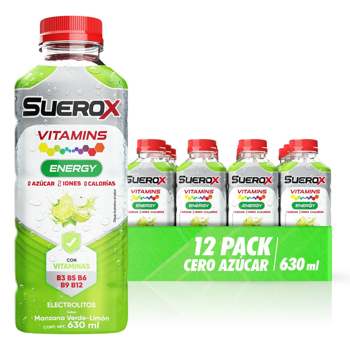 Suerox Vitamins Energy Sabor Manzana Verde-Limón con Electrolitos Sin Azúcar, Vitaminas B3, B5, B6, B9 y B12, Bebida Refrescante para Energía Diaria, 630 ml | 12-Pack