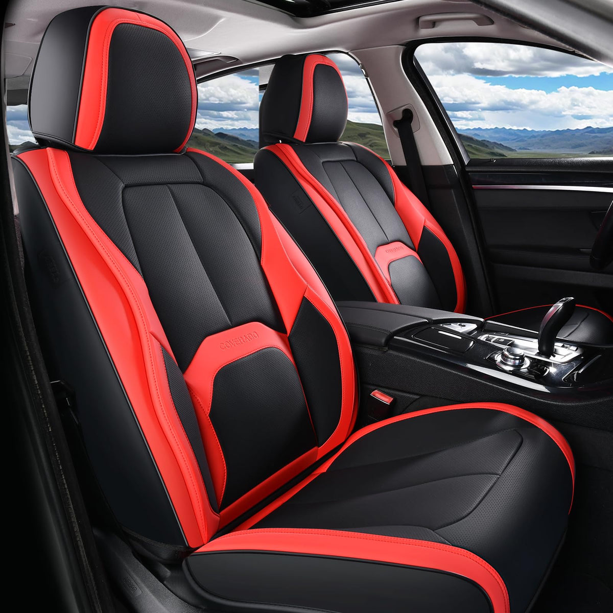 Coverado Fundas de Asiento de Automóvil, Juego Completo de Fundas de Asiento de Automóvil, Impermeable, con Soporte Lumbar, Fundas de Asiento de automóvil, Ajuste Universal para la mayoría de Automóviles, SUV - A-Patchwork-Negro y Rojo - Frente