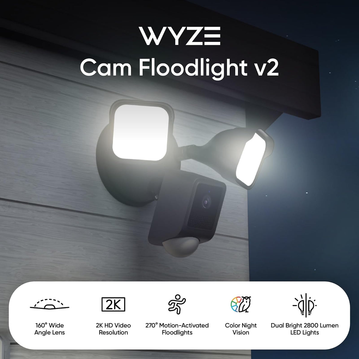 WYZE - Cámara de Reflector v2, LED de 2800 lúmenes, cámara de Seguridad HD de 2K para Exteriores, Vista Ancha de 160°, luz activada por Movimiento, Sirena de 105 dB, visión Nocturna de Color,