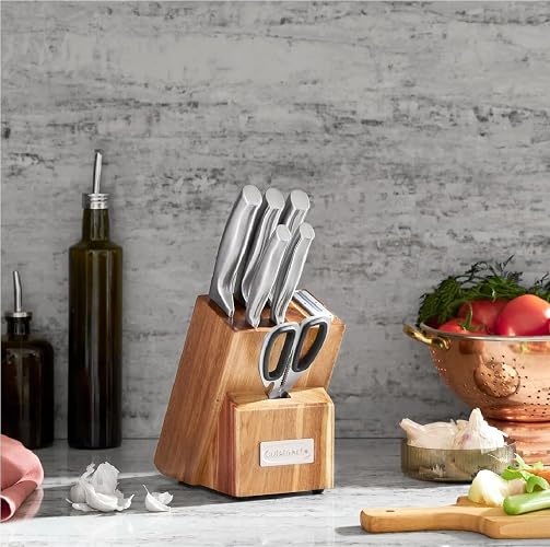 Cuisinart Bloque de madera Cuchillos 7 pzs Acero Inoxidable Afilador | Bloque de cuchillos 7 pzs con bloque con afilador incorporado y tijeras,Cuchillos con acabado satinado y mate