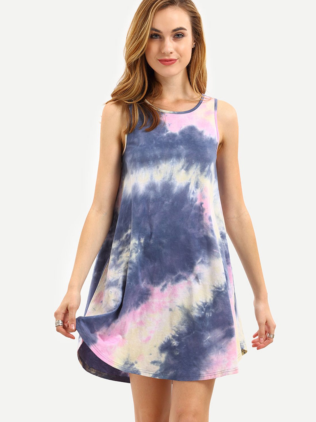 Romwe Women's Tie Dye T-Shirt Sleeveless Casual Loose Swing Dress Tunic Top Pink L