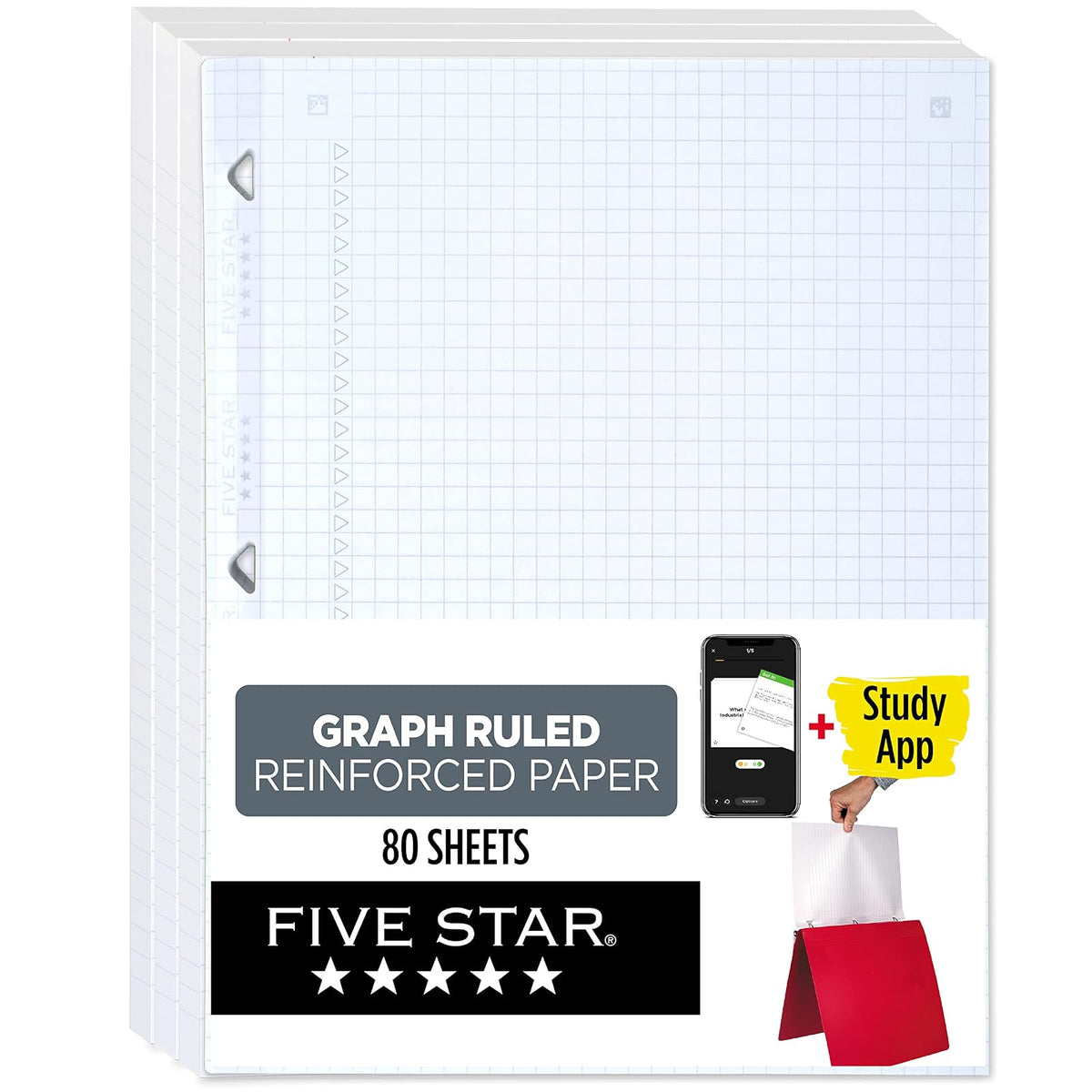 Five Star Loose Leaf Paper + Study App, 3 Pack, 3 Hole Punch Notebook Paper, Reinforced Graph Ruled Filler Paper, Fights Ink Bleed, 8-1/2" x 11", 80 Sheets per Pack (170027)