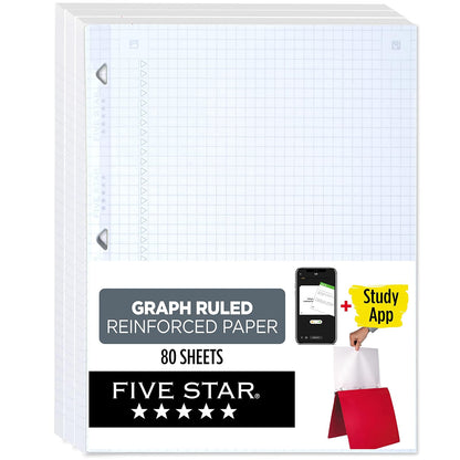Five Star Loose Leaf Paper + Study App, 3 Pack, 3 Hole Punch Notebook Paper, Reinforced Graph Ruled Filler Paper, Fights Ink Bleed, 8-1/2" x 11", 80 Sheets per Pack (170027)