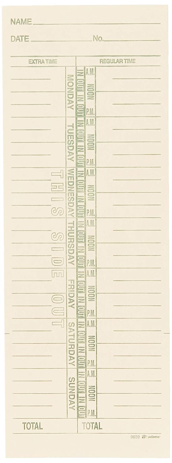 Adams tarjetas de tiempo, Weekly, lado, denominadas días, 3 – 3/8" x 9", Manila, verde impresión, 200 unidades (9659 – 200)
