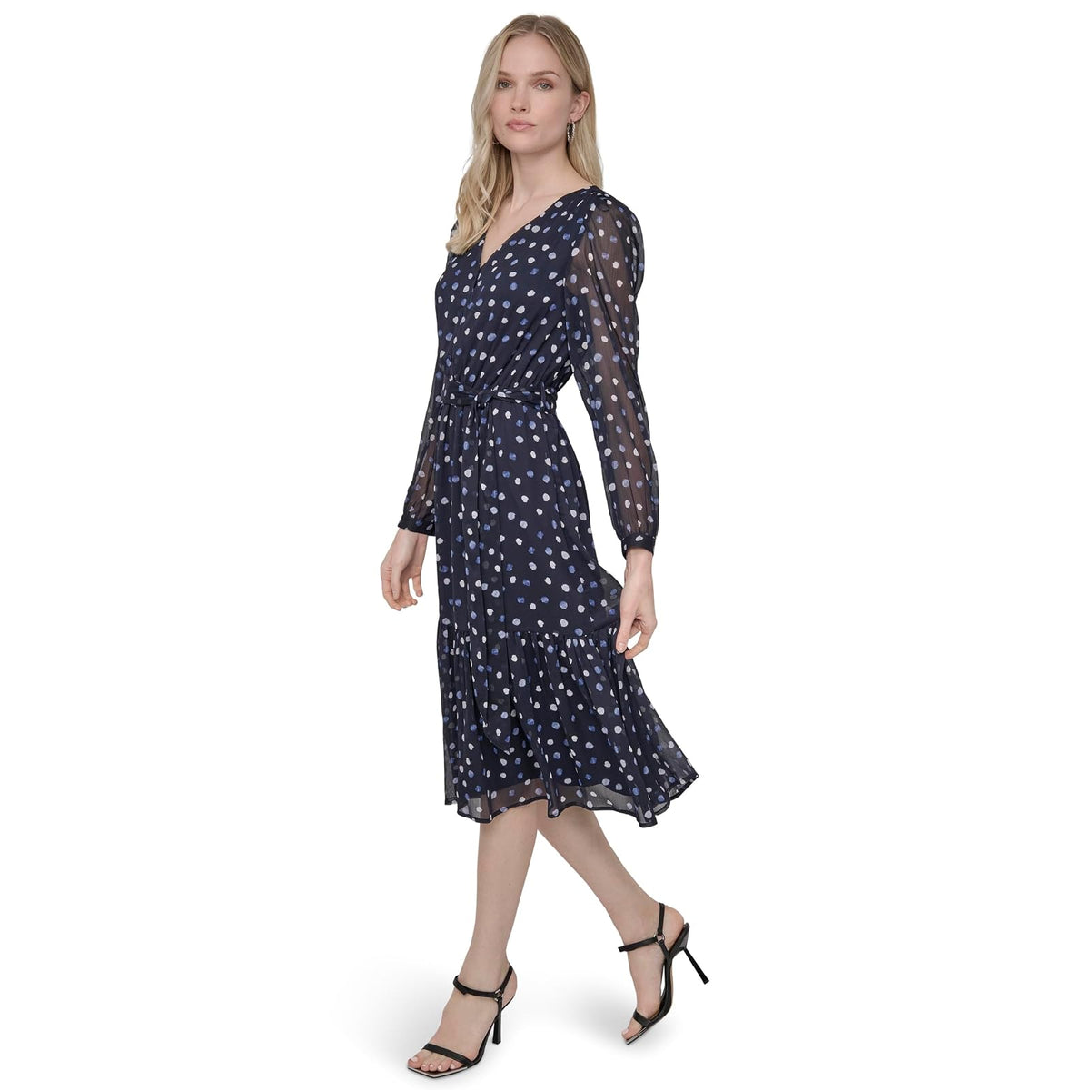 DKNY Long Sleeve V-Neck Tie Waist Midi Dress Vestido Mujer