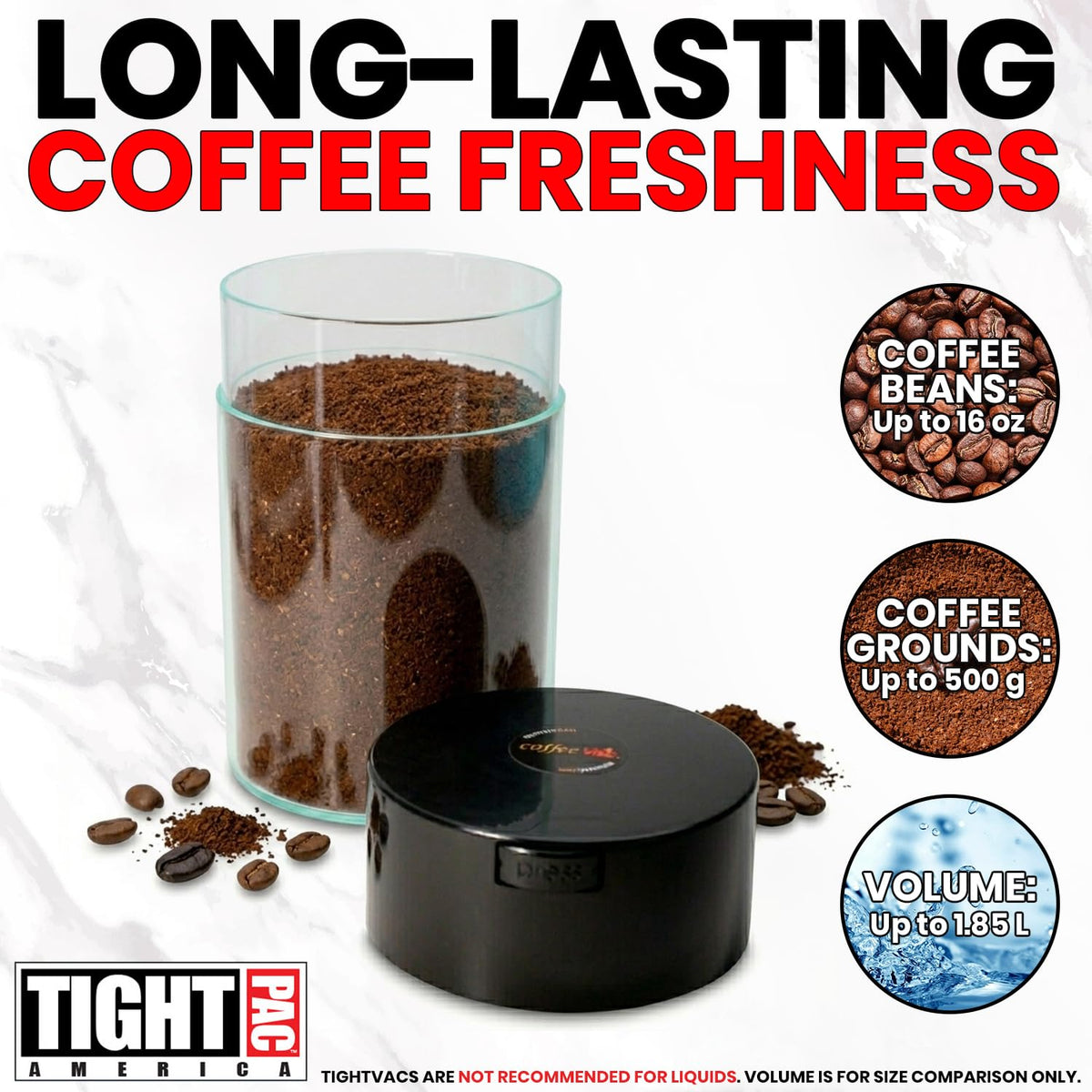 Tightpac America, Inc. Coffeevac 1 LB – la última Sellado al aspiradora Recipiente para café, Color Azul Tintado Cap & Cuerpo, Tapa Negra y Cuerpo Transparente, 1.85 litros / 1.6 Cuartos, 1