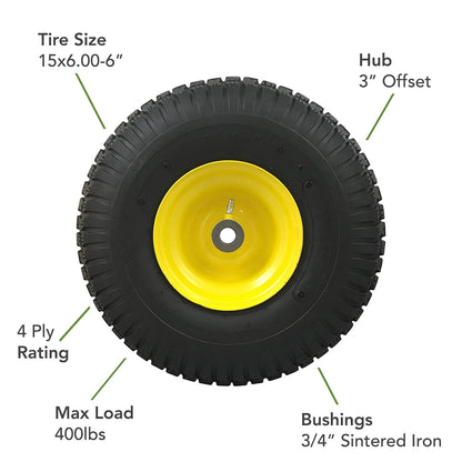 MARASTAR 15x6.00-6 Conjunto de neumático Delantero de Repuesto para cortacéspedes John Deere - Césped Saver Tread