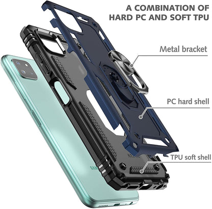 BestMX Funda para Samsung Galaxy A22 (5G Version) Case + Protector de Pantalla de Cristal Templado + Lens Mica, Híbrida Rugged Protección Dual Layer Bumper Carcasa con Pie De Apoyo, Azul