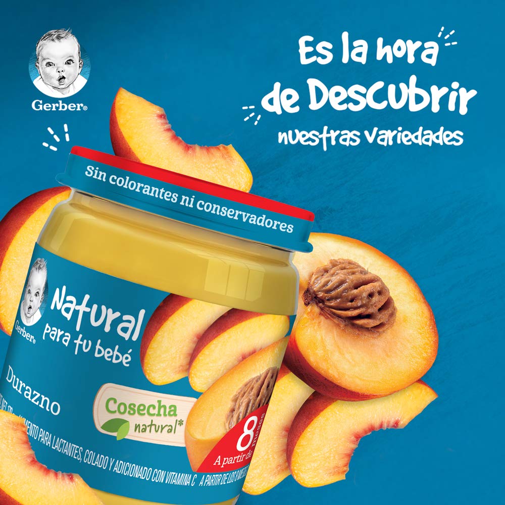 Gerber Papilla Etapa 3, A Partir de 8 Meses, Durazno, Paquete de 12 Frascos de 170 g c/u