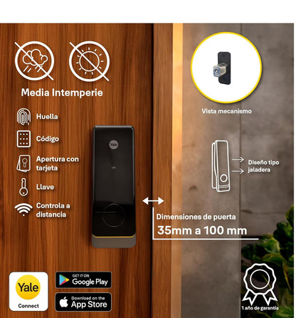 Yale Cerradura Inteligente Biométrica Tipo Jaladera Gemini Mini Con Hub Wifi | Huella Dactilar, Código, Tarjeta, App y Llave | Negro |Para Puertas de Madera y Metal