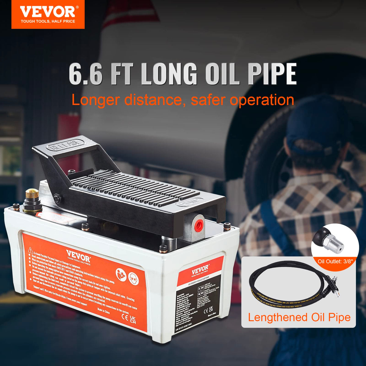 VEVOR - Bomba hidráulica de aire, depósito de 10,000 PSI 1/2 gal, salida de aceite NPT 3/8", entrada NPT 1/4", tubería de 6.6 pies, bomba hidráulica accionada por pie Pedal de aire para máquinas