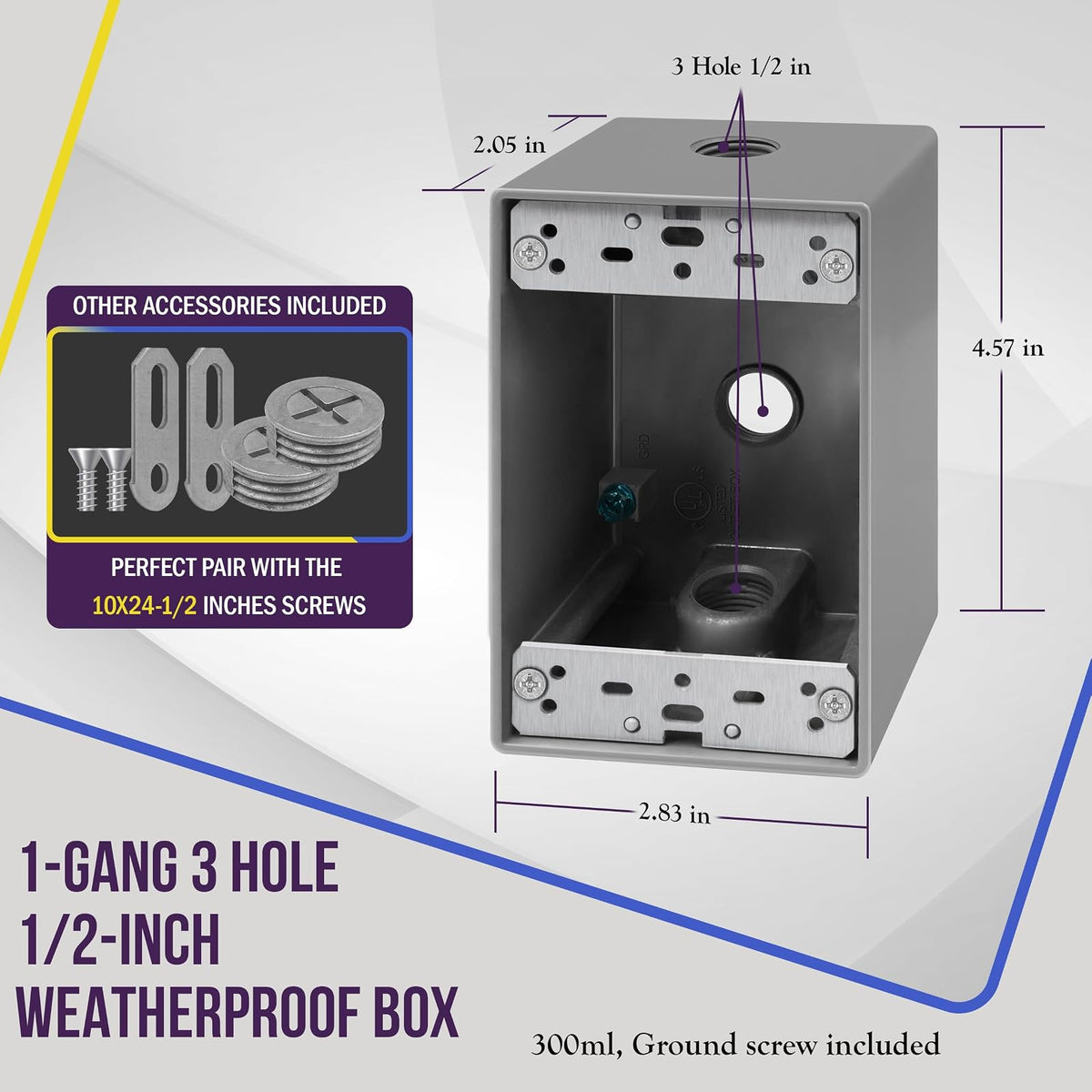 ENERLITES - Caja de enchufes resistente a la intemperie con tres enchufes roscados de 1/2 pulgada, caja eléctrica exterior, 3 orificios de 0,50 pulgadas cada uno