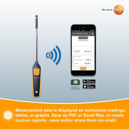 testo 405i Anemómetro de cable caliente I Sonda inteligente inalámbrica para velocidad del aire, flujo de aire y temperatura en el conducto