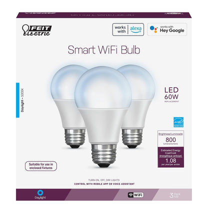 Feit Electric OM60/950CA/AG/3 60 W equivalente WiFi regulable, no requiere concentrador, Alexa o Google Assistant A19 LED Smart Light Bulb, 4.4" H x 2.4" D, 5000K luz de día, 3 piezas