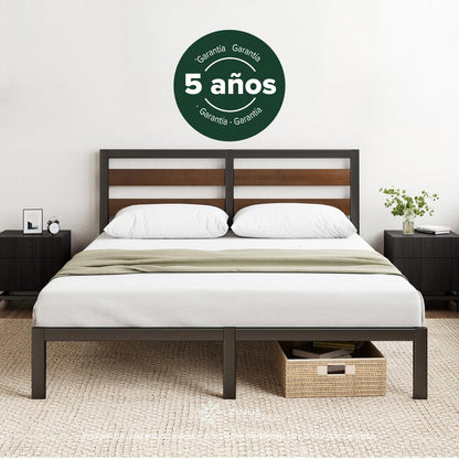 Zinus Shen | Base de Cama con Cabecera Metálica con Bamboo Individual Color Negro Estilo Contemporáneo 9 Patas y Listones de Fácil Armado | Embalaje en Caja