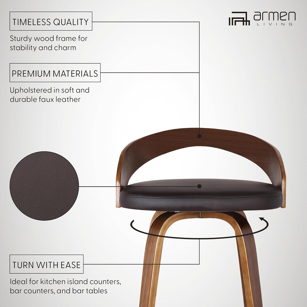 Armen Living Sonia 26" Counter Height Swivel Brown Faux Leather and Walnut Wood Bar Stool
