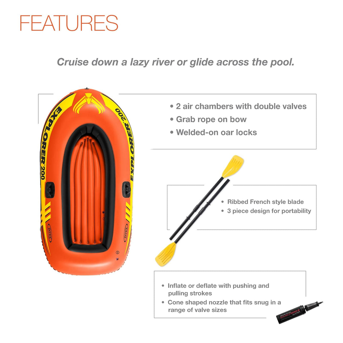 INTEX Explorer - Serie Inflable para Botes: cámaras de Aire duales, cerraduras de remos soldadas, Asas de Agarre, Cuerda de Proa, diseño Deportivo