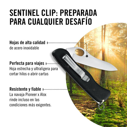 Victorinox Navaja Sentinel, Negra, 5 Usos | Cuchillo de bolsillo con apertura de una mano con clip de bolsillo, pinzas y palillo de dientes. Mango de poliamida de 111 mm