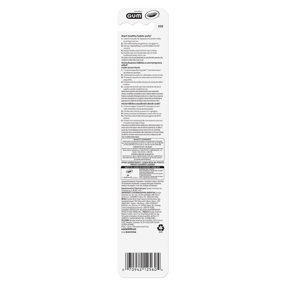GUM Crayola Pip-Squeaks - cepillo para polvo de dientes manual para niños, cerdas extra suaves para niños pequeños a partir de 3 años, base de ventosa, 1 unidad (paquete de 4)