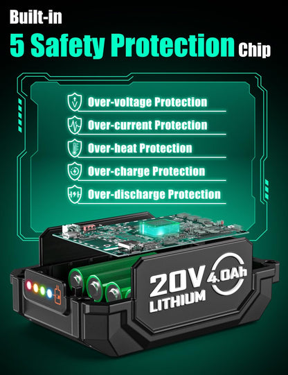 KIMO - Paquete de 2 baterías de 20 V 4000 mAh para taladro KIMO de 20 V, soplador de hojas, amoladora angular, sierra alternativa, herramienta oscilante, clavadora Brad - tecnología de protección de
