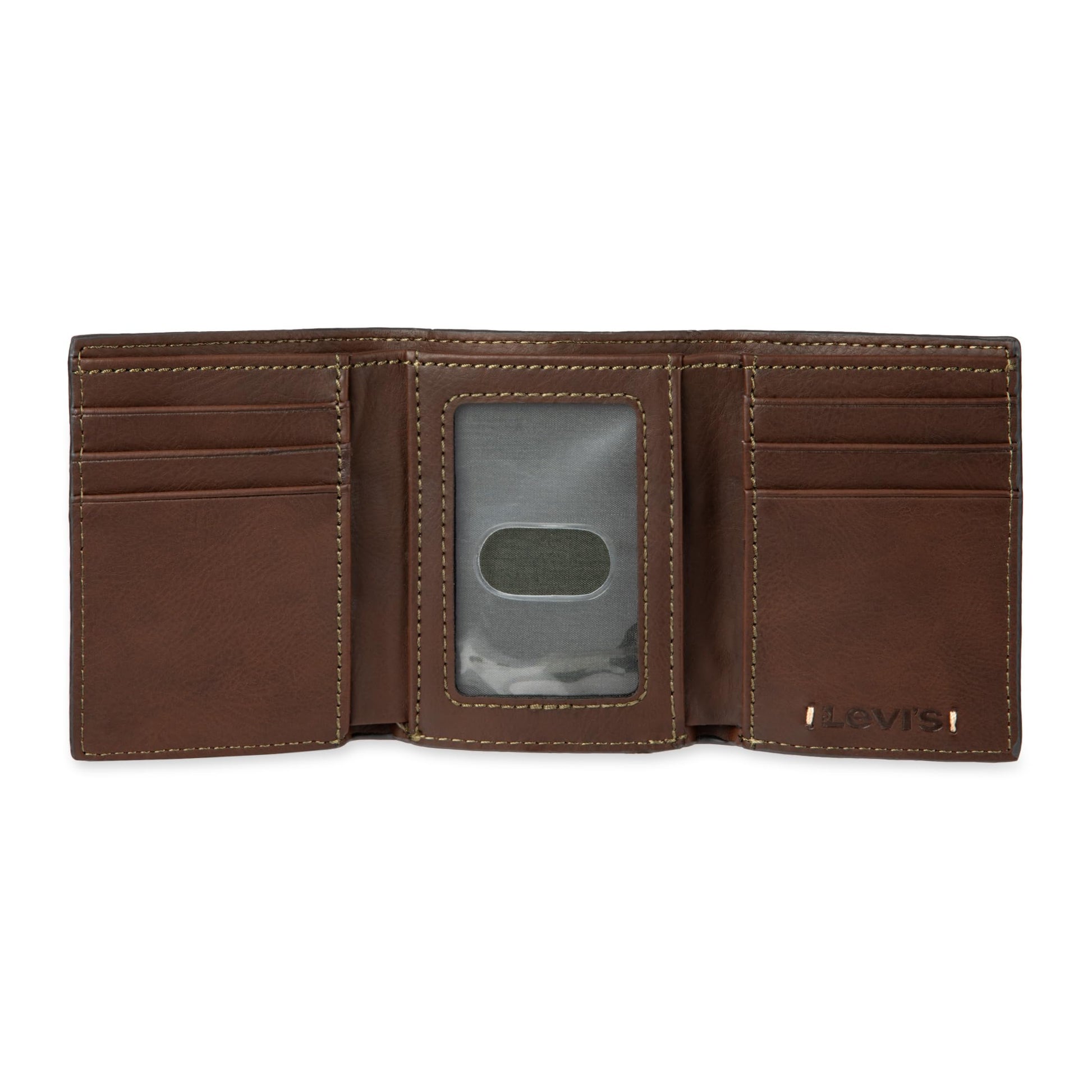 Levi's Men's Trifold Wallet - Sleek and Slim Includes ID Window and Credit Card Holder,Brown Stitch