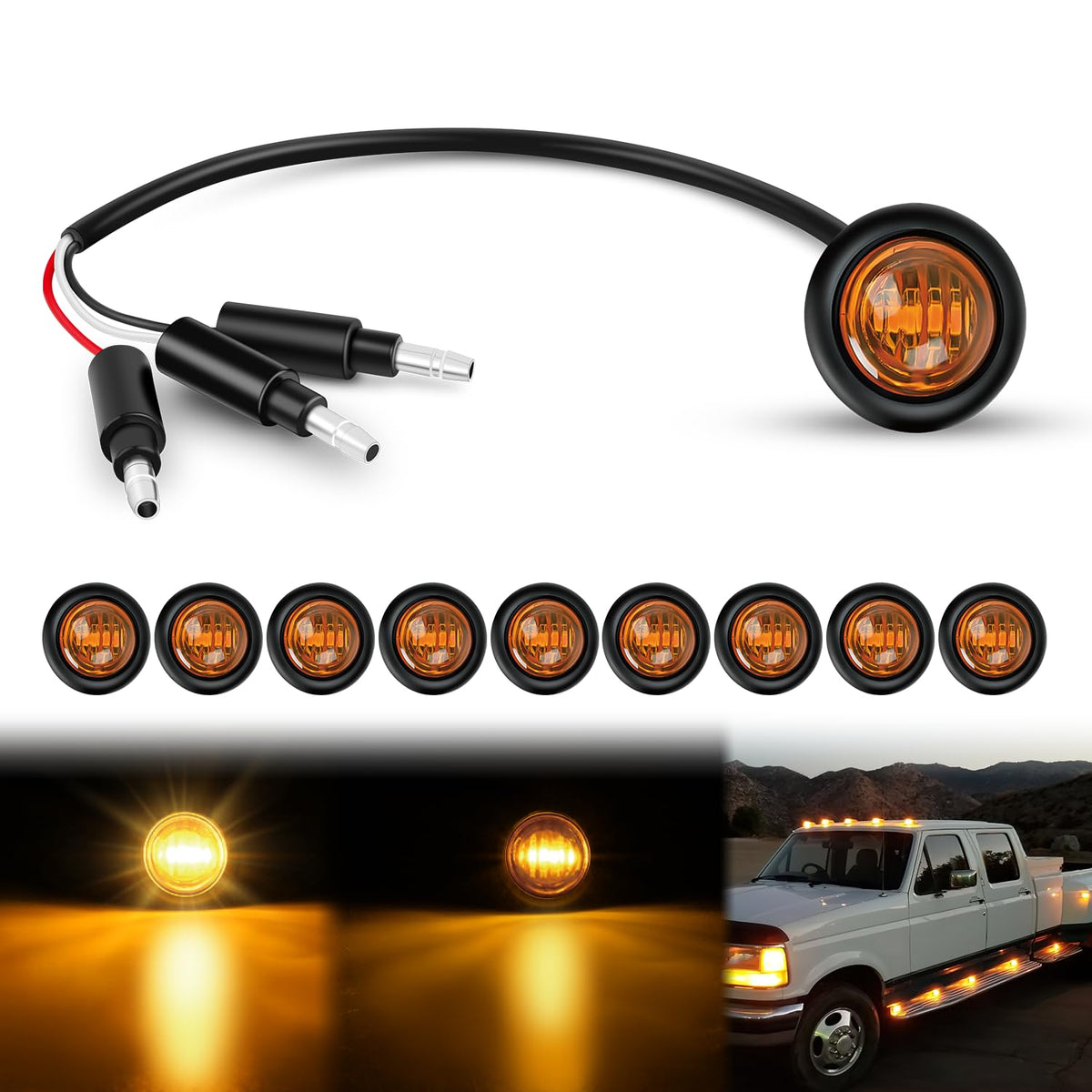 Nilight Luces LED de Marcador Redondas 3/4 in, Ambar, 3 Conectores, IP68, Paquete de 10 TL-251 - Ámbar