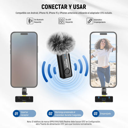 NEEWER Sistema Micrófono Inalámbrico Lavalier, 1 Receptor USB C con Adaptador OTG y 2 Transmisores Condensador Omnidireccionales con Cancelar Ruido Compatible con iPhone 16 Pro MAX S24 Ultra, KM23