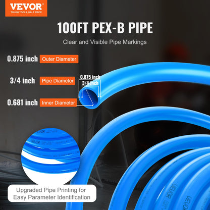 VEVOR Tubería PEX de 3/4 de pulgada y 100 pies de longitud. Tubería flexible PEX-B para agua potable. Líneas de agua PEX para agua caliente/fría, fácil de restaurar. Azul.