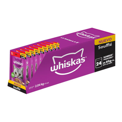 Whiskas - Sobres para Gato, Sabor Soufflé De Res, 85g c/u., Fibra Natural, Minerales, Vitaminas A, Sin Conservadores, 24 Sobres